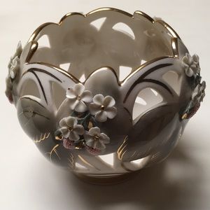 Handmade Porcelain Floral Vase with a Gold Trim.